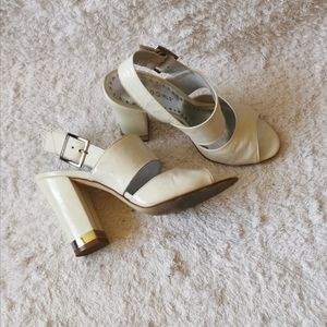 Open Toe Block Heels, 7B, Patent Leather, White
